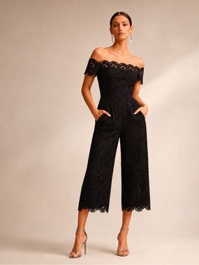 Whistles Off-Shoulder Lace Wide-Leg Jumpsuit Elegant Black Cocktail Sz 8 NWT